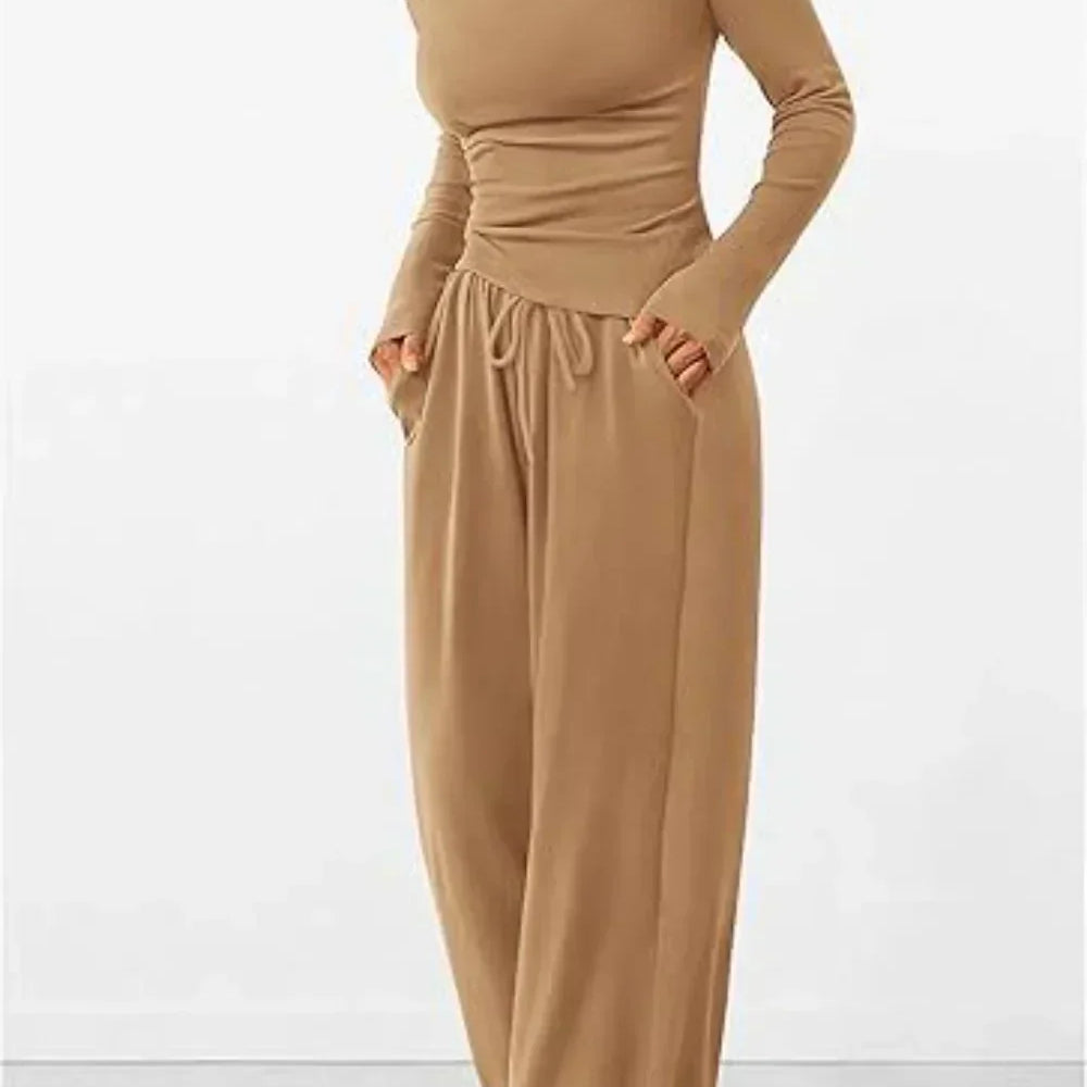 Conjunto de estar por casa para mujer: Top de manga larga con cuello redondo y pantalones anchos con cintura elástica.