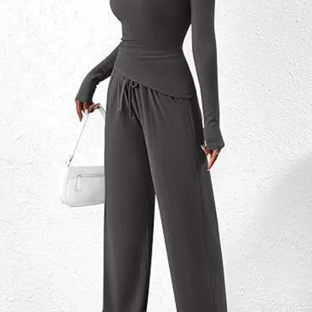 Conjunto de estar por casa para mujer: Top de manga larga con cuello redondo y pantalones anchos con cintura elástica.
