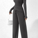 Conjunto de estar por casa para mujer: Top de manga larga con cuello redondo y pantalones anchos con cintura elástica.