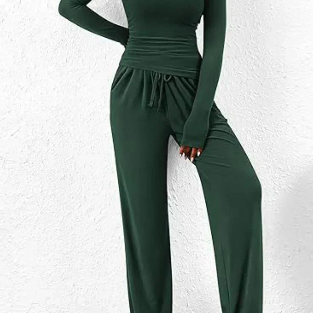 Conjunto de estar por casa para mujer: Top de manga larga con cuello redondo y pantalones anchos con cintura elástica.