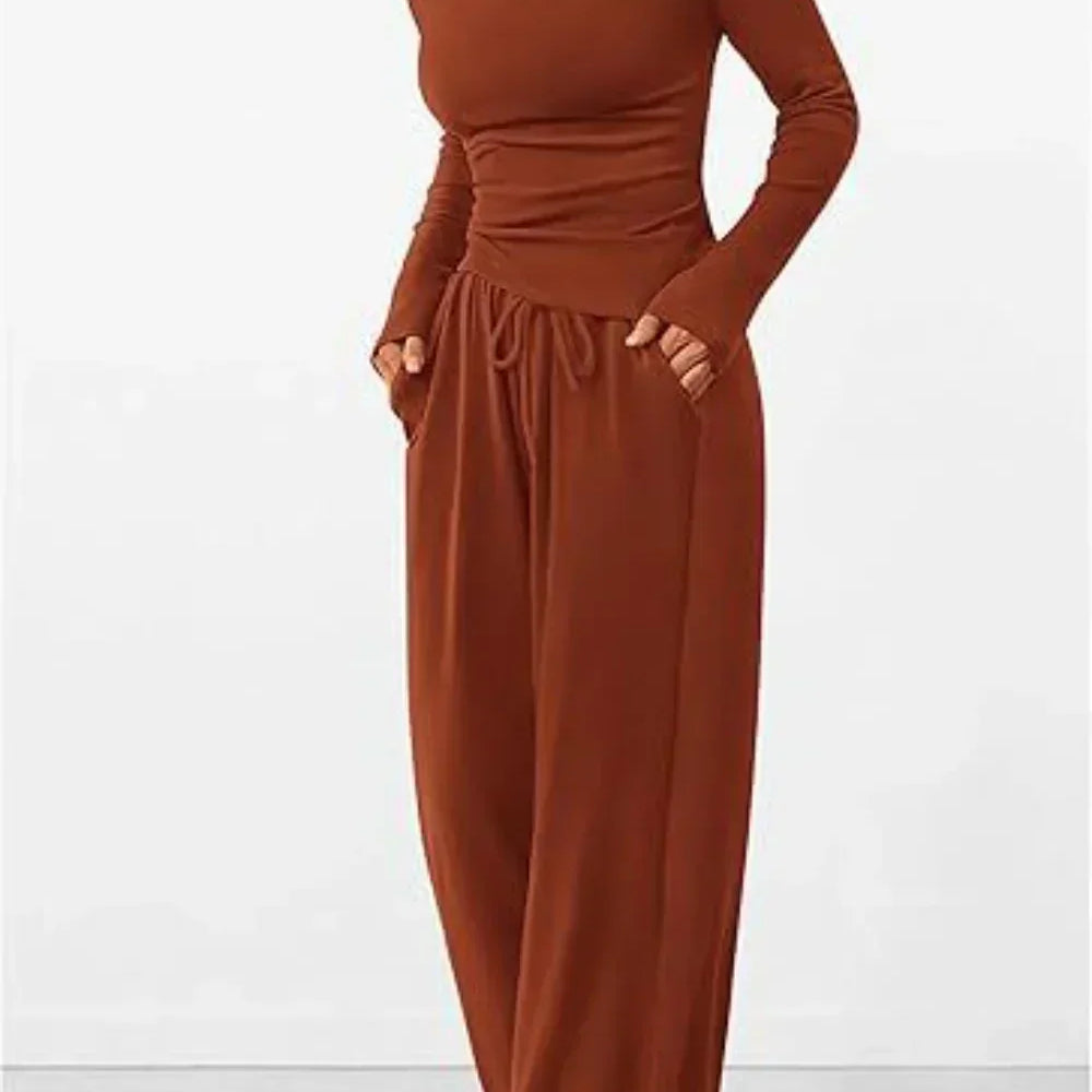 Conjunto de estar por casa para mujer: Top de manga larga con cuello redondo y pantalones anchos con cintura elástica.