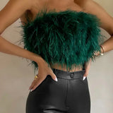 Top corto de mujer – Sin tirantes – Detalle de plumas – Corte ajustado elegante