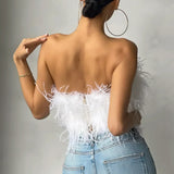 Top corto de mujer – Sin tirantes – Detalle de plumas – Corte ajustado elegante