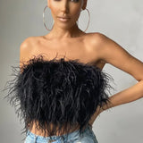 Top corto de mujer – Sin tirantes – Detalle de plumas – Corte ajustado elegante