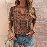 Blusa de mujer - Manga corta - Cuello en V - Estampado geométrico bohemio - Corte holgado y ligero
