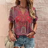 Blusa de mujer - Manga corta - Cuello en V - Corte holgado - Estampado paisley bohemio chic