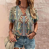 Blusa de mujer - Manga corta - Cuello en V - Corte holgado - Estampado paisley bohemio chic