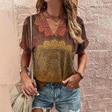 Blusa de mujer - Manga corta - Cuello en V - Estampado geométrico bohemio - Corte holgado y ligero