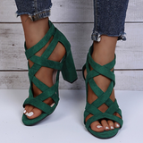 Sandalias de tacón para mujer – Tejido de lujo – Tacón cuadrado – Tiras cruzadas – Punta abierta