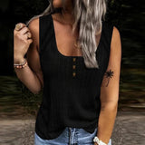 Blusa sin mangas para mujer - Cuello redondo - Botones decorativos - Tejido texturizado informal