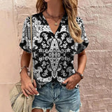 Blusa de mujer - Manga corta - Cuello en V - Corte holgado - Estampado paisley bohemio chic