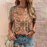 Blusa de mujer - Manga corta - Cuello en V - Estampado geométrico bohemio - Corte holgado y ligero