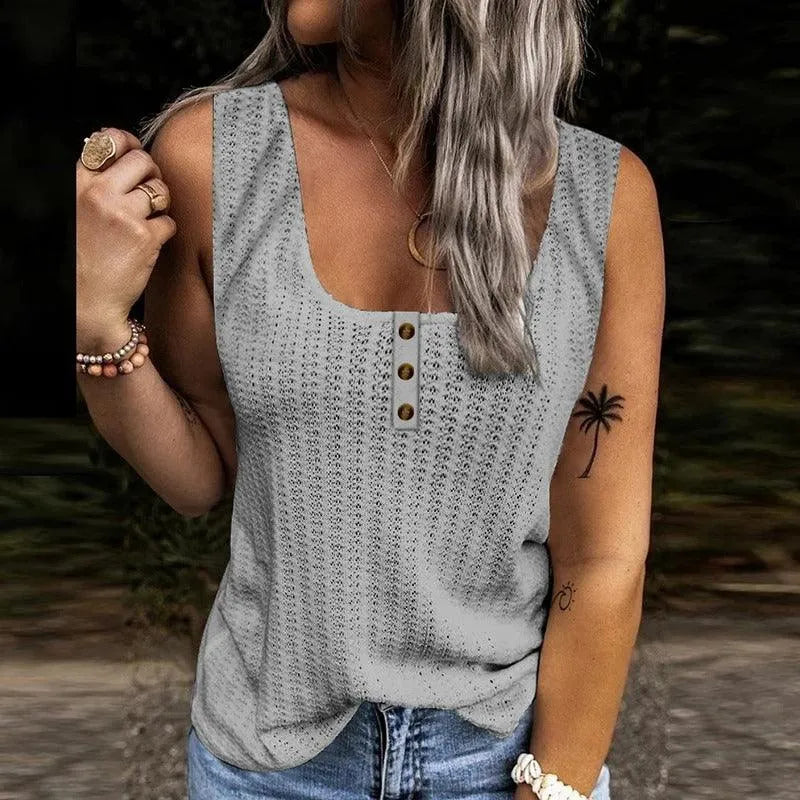 Blusa sin mangas para mujer - Cuello redondo - Botones decorativos - Tejido texturizado informal