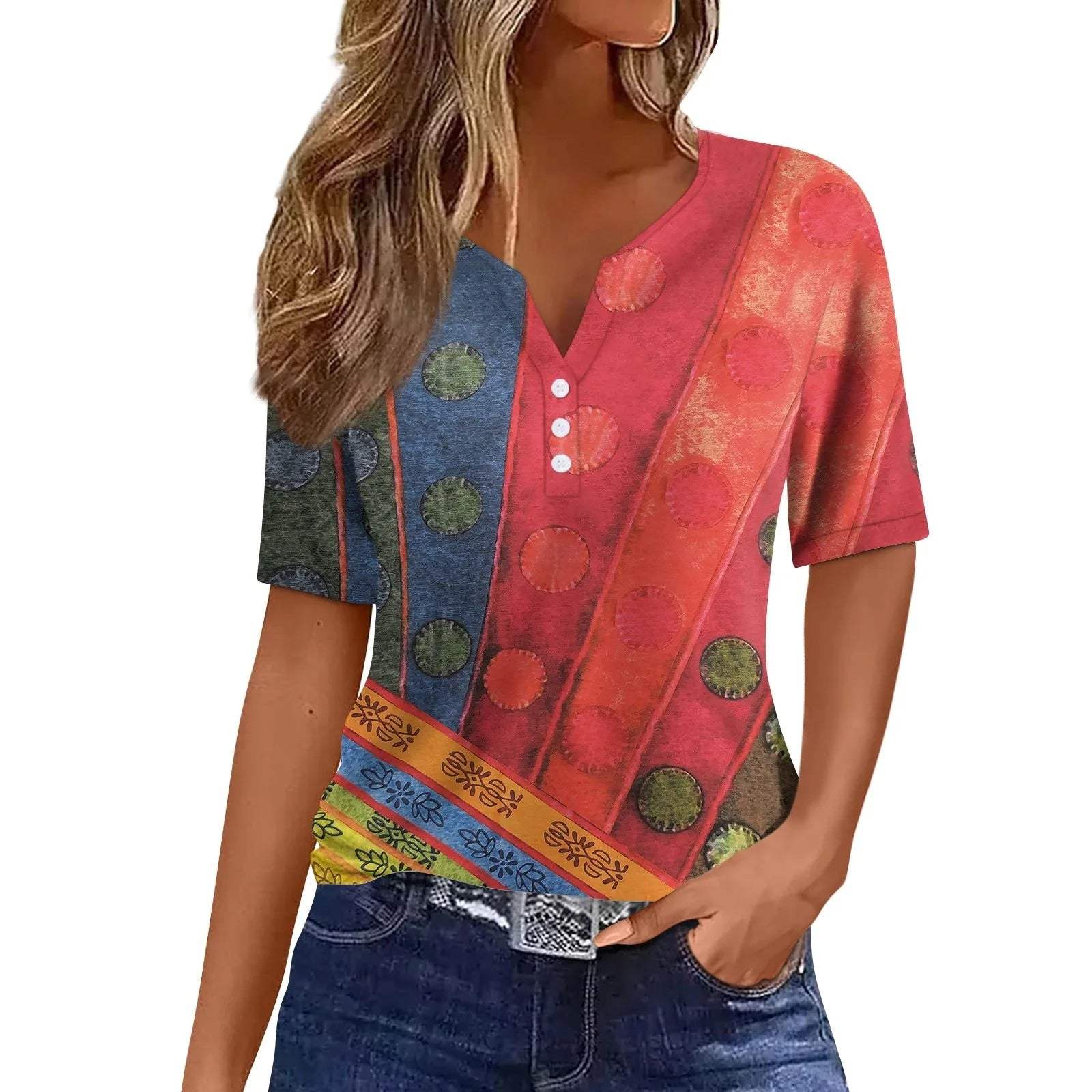 Top de mujer - Cuello en V abotonado - Mangas cortas - Corte holgado - Tejido suave y transpirable
