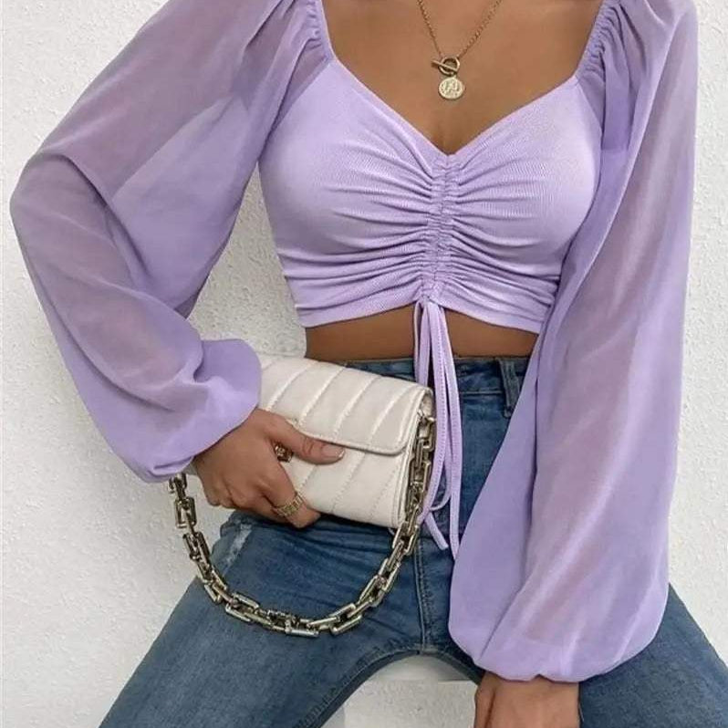 Top corto para mujer - Escote corazón - Mangas largas abullonadas - Fruncido con cordón ajustable
