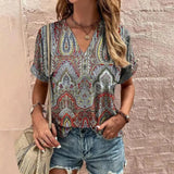 Blusa de mujer - Manga corta - Cuello en V - Estampado geométrico bohemio - Corte holgado y ligero