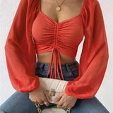 Top corto para mujer - Escote corazón - Mangas largas abullonadas - Fruncido con cordón ajustable