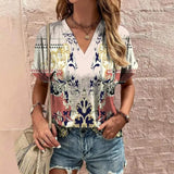 Blusa de mujer - Manga corta - Cuello en V - Corte holgado - Estampado paisley bohemio chic