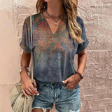 Blusa de mujer - Manga corta - Cuello en V - Estampado geométrico bohemio - Corte holgado y ligero