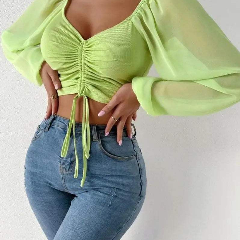 Top corto para mujer - Escote corazón - Mangas largas abullonadas - Fruncido con cordón ajustable