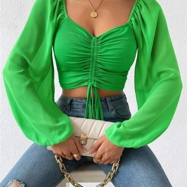 Top corto para mujer - Escote corazón - Mangas largas abullonadas - Fruncido con cordón ajustable