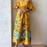 Vestido midi de corte A con mangas fruncidas y elegantes bolsillos, estampado caléndula, con bolsillos.