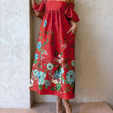 Vestido midi de corte A con mangas fruncidas y elegantes bolsillos, estampado caléndula, con bolsillos.