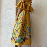Vestido midi de corte A con mangas fruncidas y elegantes bolsillos, estampado caléndula, con bolsillos.
