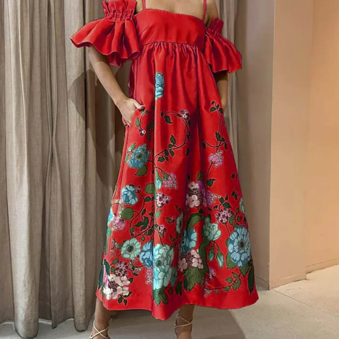 Vestido midi de corte A con mangas fruncidas y elegantes bolsillos, estampado caléndula, con bolsillos.