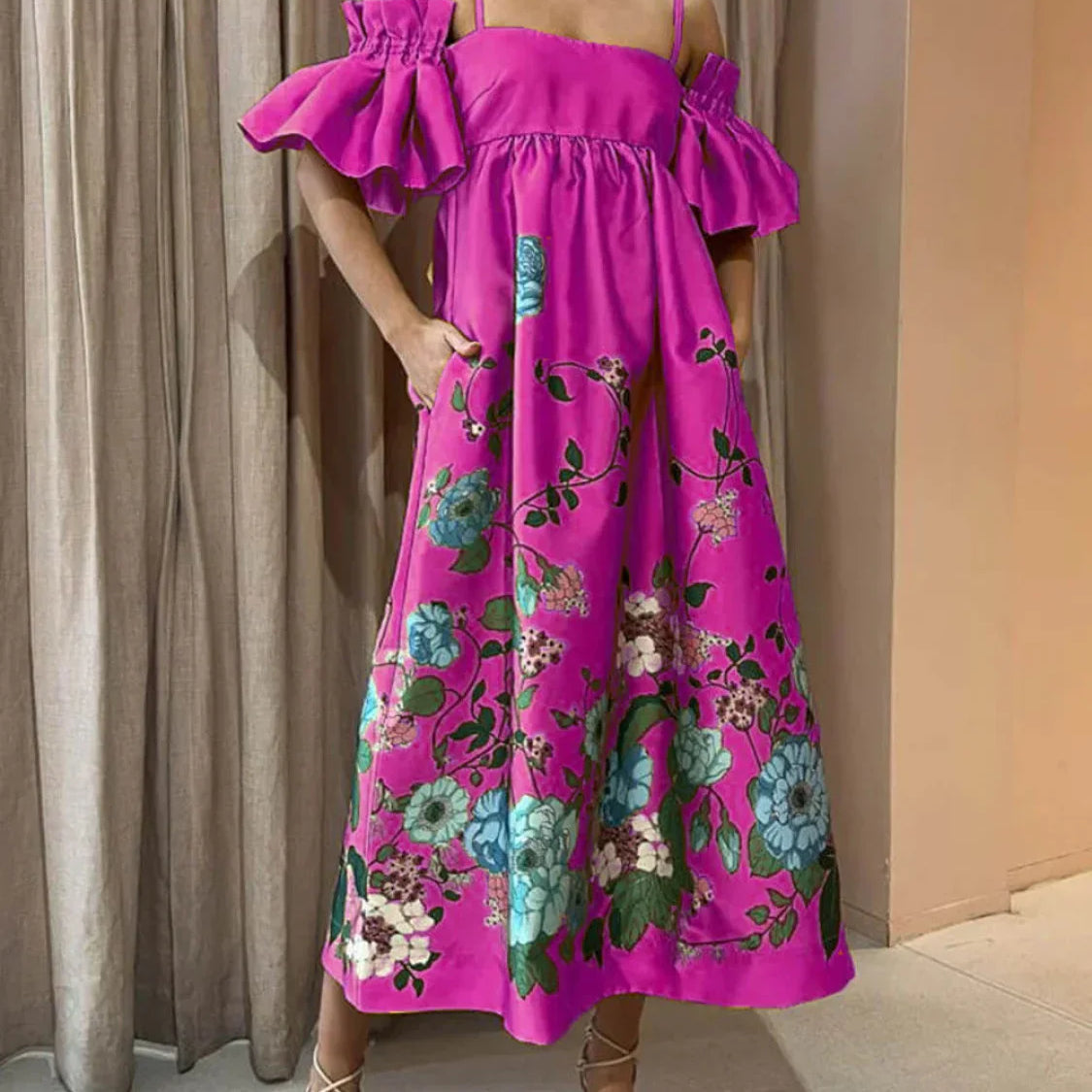 Vestido midi de corte A con mangas fruncidas y elegantes bolsillos, estampado caléndula, con bolsillos.