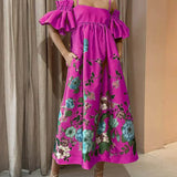 Vestido midi de corte A con mangas fruncidas y elegantes bolsillos, estampado caléndula, con bolsillos.