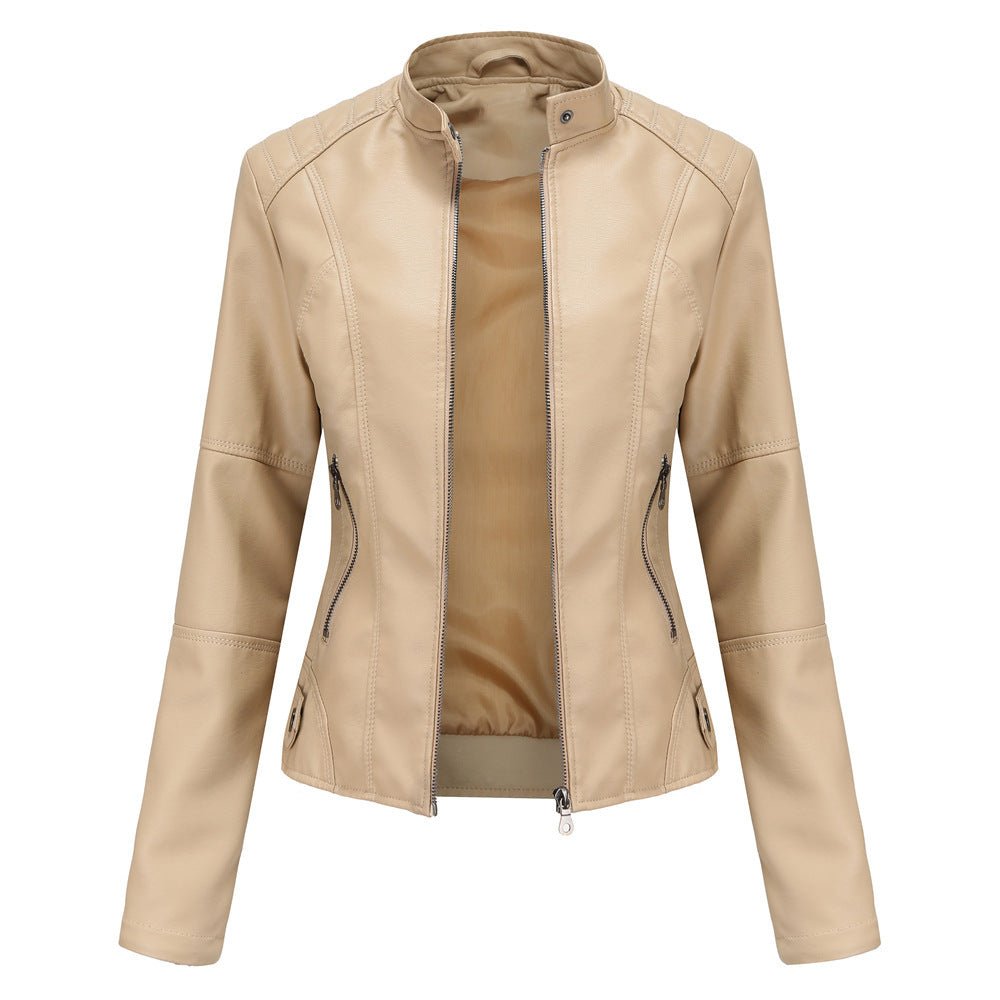Chaqueta de cuero para mujer – Corte entallado – Cuello recto – Mangas largas – Bolsillos con cremallera