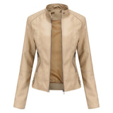 Chaqueta de cuero para mujer – Corte entallado – Cuello recto – Mangas largas – Bolsillos con cremallera