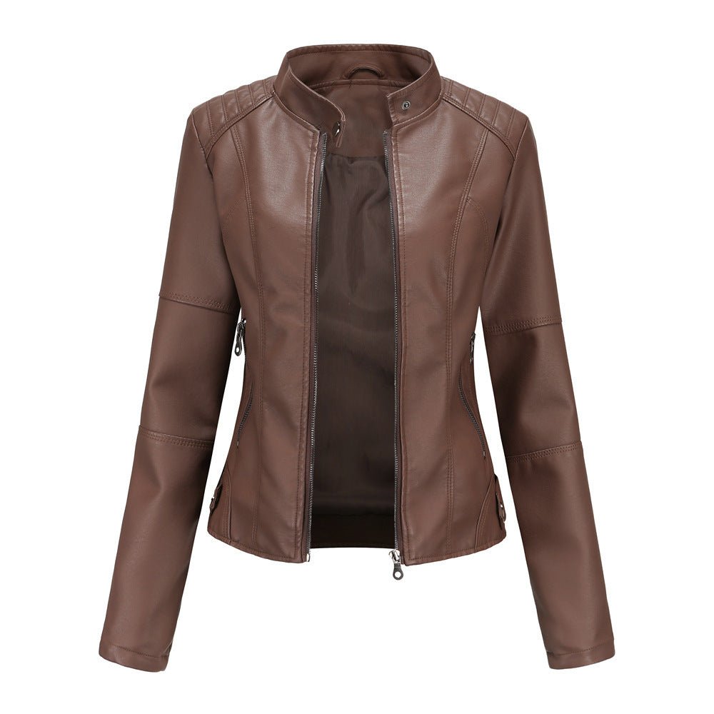 Chaqueta de cuero para mujer – Corte entallado – Cuello recto – Mangas largas – Bolsillos con cremallera