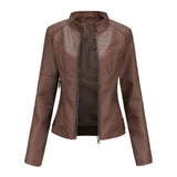 Chaqueta de cuero para mujer – Corte entallado – Cuello recto – Mangas largas – Bolsillos con cremallera