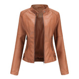 Chaqueta de cuero para mujer – Corte entallado – Cuello recto – Mangas largas – Bolsillos con cremallera