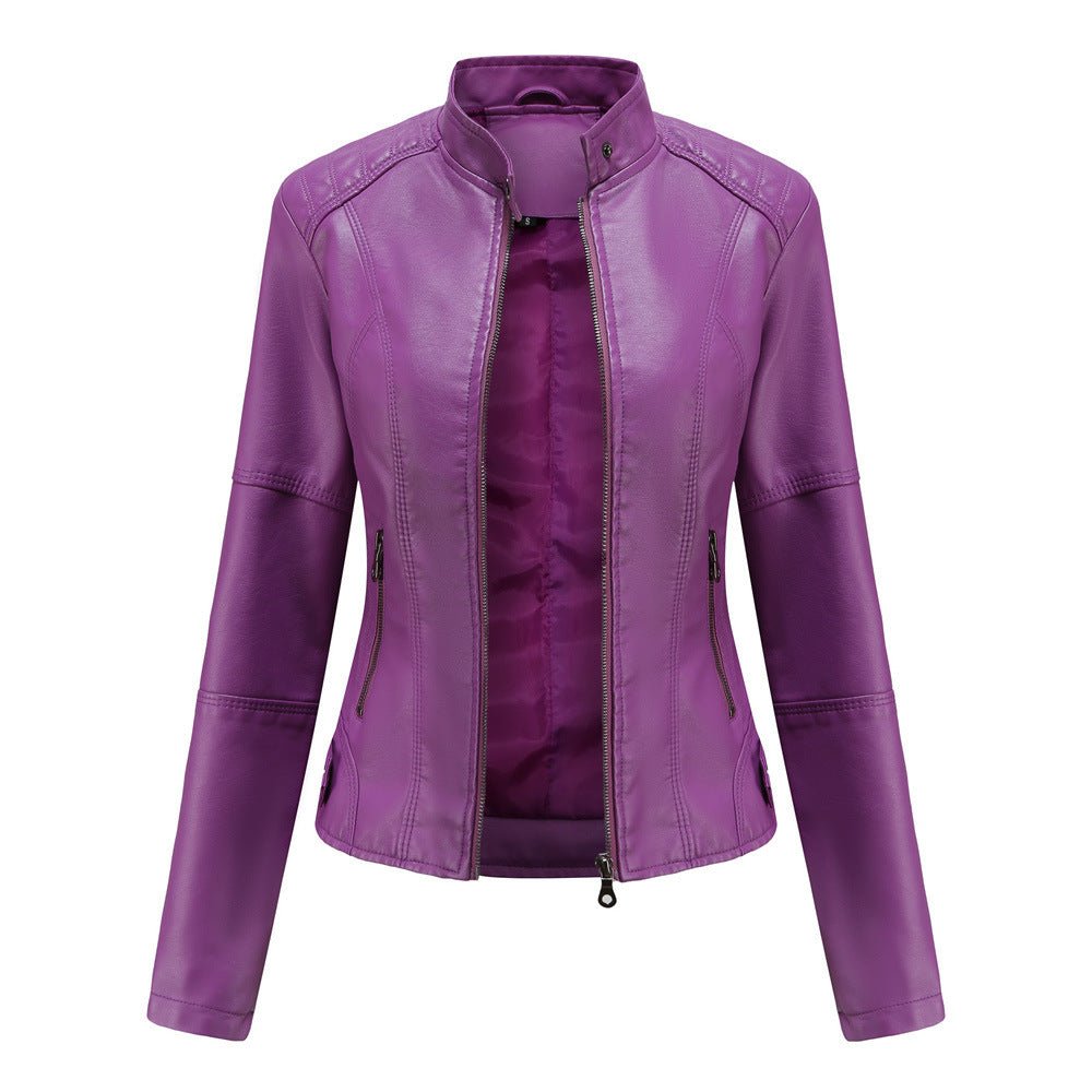 Chaqueta de cuero para mujer – Corte entallado – Cuello recto – Mangas largas – Bolsillos con cremallera