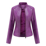 Chaqueta de cuero para mujer – Corte entallado – Cuello recto – Mangas largas – Bolsillos con cremallera