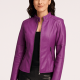 Chaqueta de cuero para mujer – Corte entallado – Cuello recto – Mangas largas – Bolsillos con cremallera