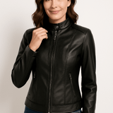 Chaqueta de cuero para mujer – Corte entallado – Cuello recto – Mangas largas – Bolsillos con cremallera