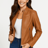 Chaqueta de cuero para mujer – Corte entallado – Cuello recto – Mangas largas – Bolsillos con cremallera