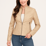 Chaqueta de cuero para mujer – Corte entallado – Cuello recto – Mangas largas – Bolsillos con cremallera