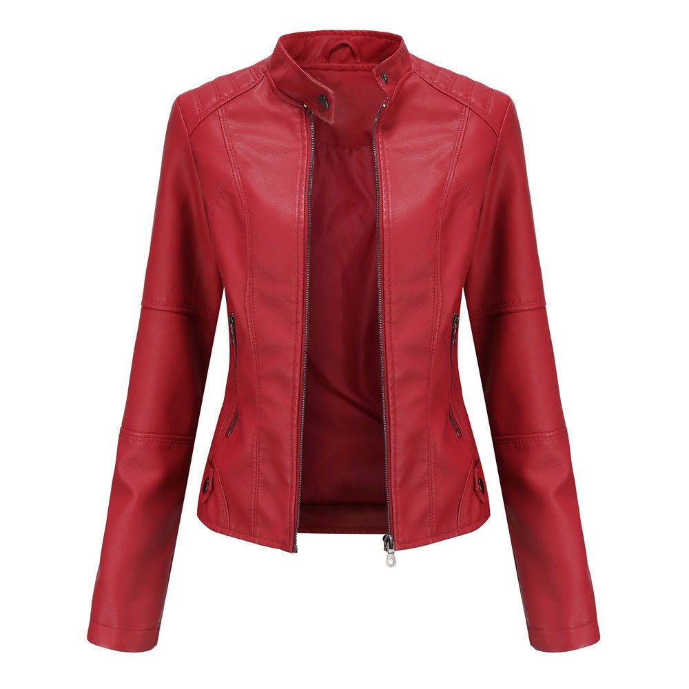 Chaqueta de cuero para mujer – Corte entallado – Cuello recto – Mangas largas – Bolsillos con cremallera