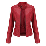 Chaqueta de cuero para mujer – Corte entallado – Cuello recto – Mangas largas – Bolsillos con cremallera