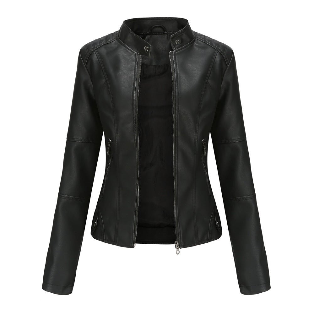 Chaqueta de cuero para mujer – Corte entallado – Cuello recto – Mangas largas – Bolsillos con cremallera
