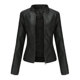 Chaqueta de cuero para mujer – Corte entallado – Cuello recto – Mangas largas – Bolsillos con cremallera