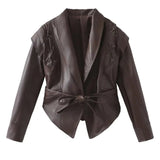 Chaqueta de cuero para mujer – Corte entallado – Cuello chal – Cinturón – Cordones en los hombros