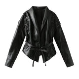 Chaqueta de cuero para mujer – Corte entallado – Cuello chal – Cinturón – Cordones en los hombros