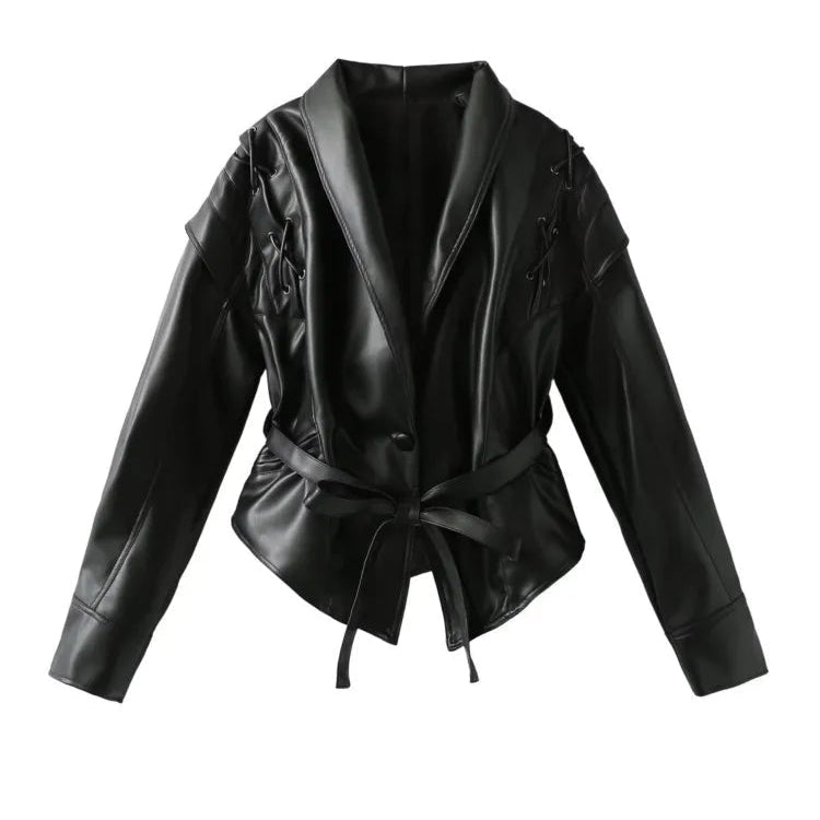 Chaqueta de cuero para mujer – Corte entallado – Cuello chal – Cinturón – Cordones en los hombros