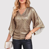 Top de mujer - Cuello en V - Mangas cortas acampanadas - Lentejuelas brillantes - Corte semiajustado